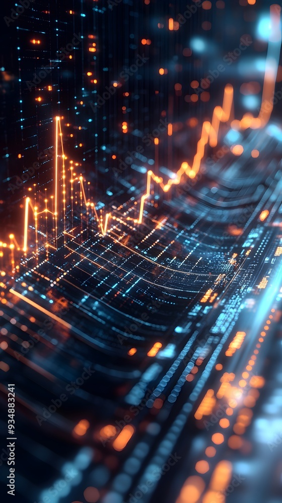 Poster ascending 3d business growth chart with data visualization dynamic data points glowing holographic u