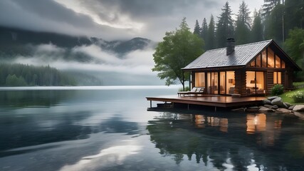 Fototapeta premium tranquil lakeside cabin with rain softly falling on the water, creating ripples that spread across the glassy surface of the lake