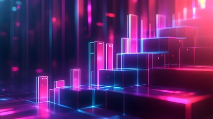 Fototapeta premium Ascending 3D Business Growth Chart with Data Visualization Sleek Minimalist Infographic Design Futuristic Abstract Geometric Shapes Luminous Neon Color Palette