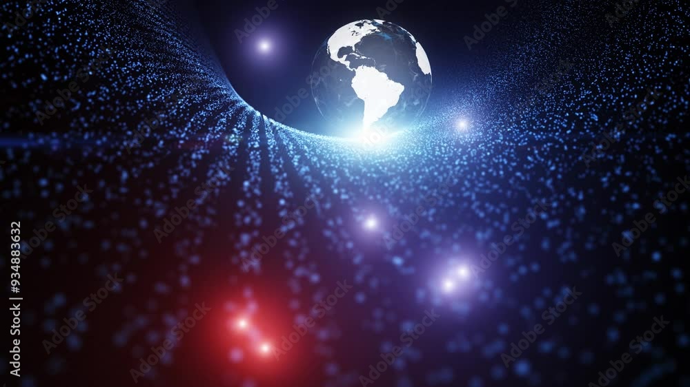 Poster futuristic metaverse data travel with loop earth globe rotation and red blue lights animation backgr