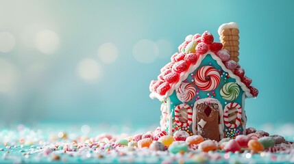 Homemade candy house stands by itself on a teal background