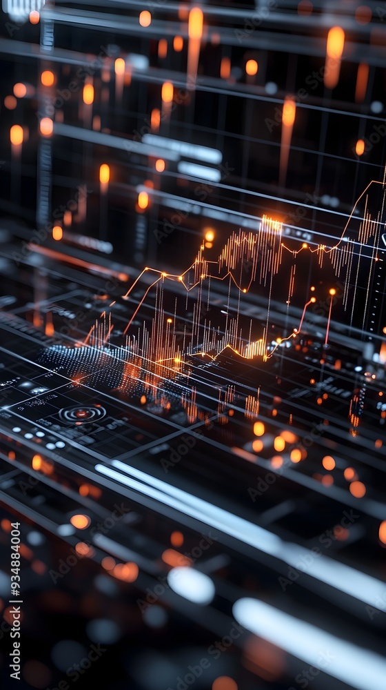 Poster ascending 3d business growth chart with dynamic data visualization glowing holographic user interfac