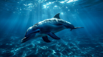 Obraz premium A Dolphin Swimming in Blue Water with Sunlight Rays