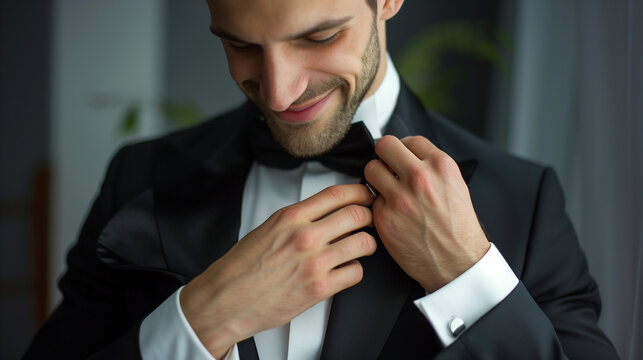 A groom is preparing for his wedding day, adjusting his bow tie in a classic black tuxedo, exuding charm and excitement in an elegant indoor setting