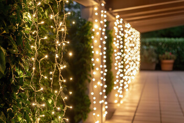 Draped fairy lights create magical atmosphere along the patio walls