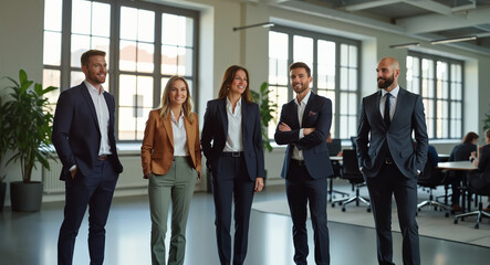 Five business people pose for a photo in an office with windows