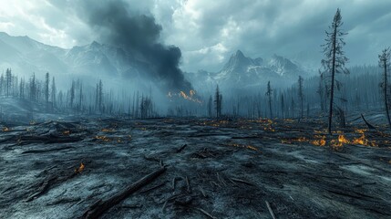 A barren landscape where once-thriving forests have been devastated by wildfires.