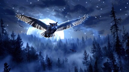 Naklejka premium Majestic owl flying through a moonlit forest.