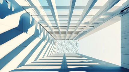 Fototapeta premium Geometric Architecture: Looking Up - A low-angle view through a modern glass ceiling, sunlight casting intricate shadows on the minimalist interior.