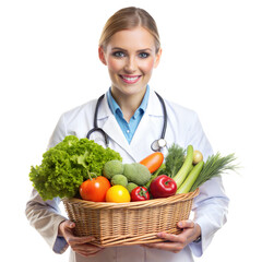 female nutritionist in a white medical coat with a basket of vegetables