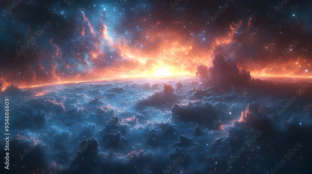 Poster boundless cosmic landscape illuminated by luminous stellar archipelagos and dynamic celestial phenom