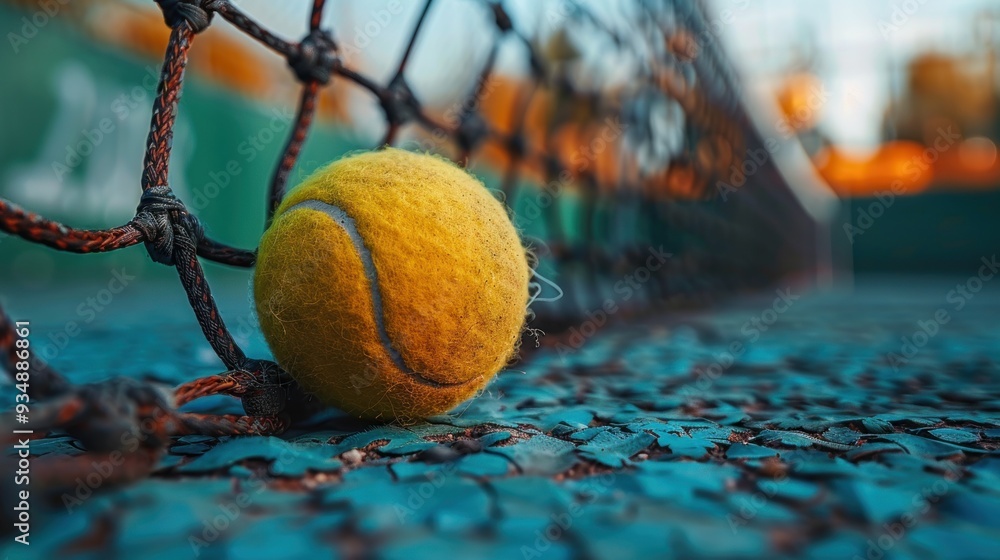 Wall mural close up tennis ball and net on tennis court