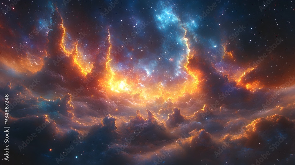Poster boundless cosmic spectacle:luminous stellar archipelagos and dynamic celestial phenomena captivating