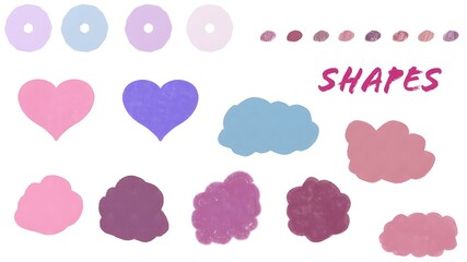 Pink purple and blue shapes for notes clouds hearts blobs bullet points 