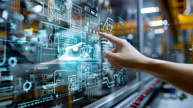 Engineer is touching a digital interface, monitoring and controlling an automated production line in a modern factory. The image evokes innovation and advanced technology