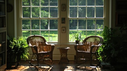 Fototapeta premium Two wicker rocking chairs in a sunlit room with a view of a garden.