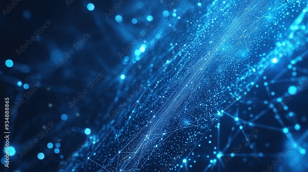 Poster digital stream: abstract background featuring a luminous blue stream of data flowing through a netwo