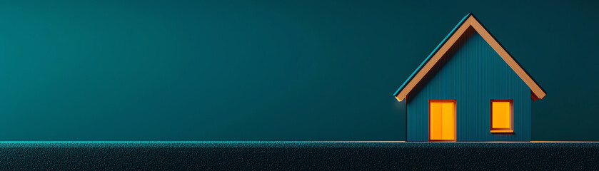 A modern, minimalist house design with glowing windows, set against a deep teal background, symbolizing comfort and warmth.