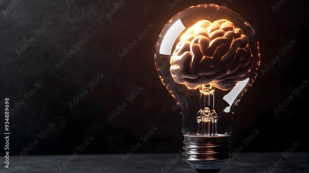 Poster brainstorming brilliance:3d abstract brain encased within an illuminating light bulb,symbolizing the