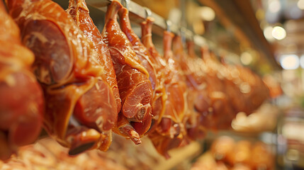 The photo shows hanging ham legs, drying in a traditional butcher shop setting