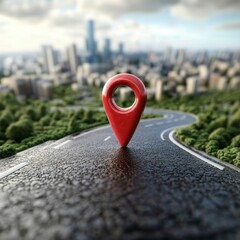 Fototapeta premium The red map icon on the road leads to a big city, symbolizing the business route.
