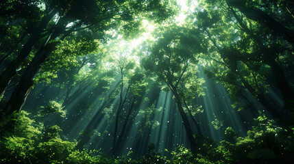 Naklejka premium Sunbeams Filtering Through a Lush Forest Canopy