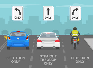 Safe driving tips and traffic regulation rules. United States road signs meaning. Go straight, right turn only and left turn only. Back view of cars on intersection. Flat vector illustration template.