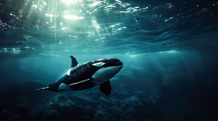 Naklejka premium An Orca Swimming in the Deep Ocean with Sunbeams