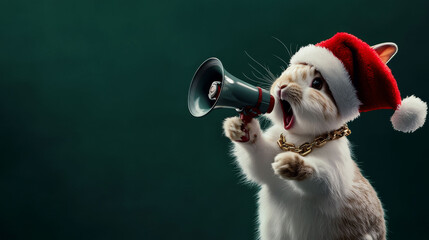 green background, white rabbit wearing a Christmas hat holding a loudspeaker cheerfully and shouting “Merry Christmas”. This scene conveys a joyful holiday atmosphere with the rabbit’s cute gesture.