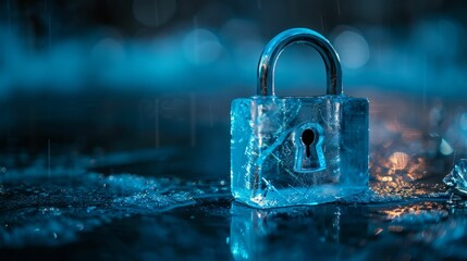Close-up of a padlock encased in ice, illuminated by blue light, symbolizing security, protection, and freezing conditions.
