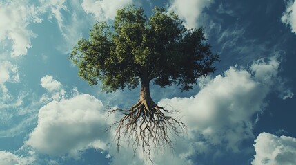 A large tree with exposed roots floats in the clouds, symbolizing growth and possibility.
