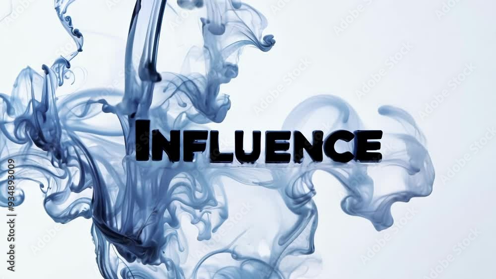 Poster dark ink flows slowly over the word influence against a white background, creating an abstract and a
