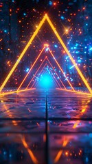 An abstract digital scene featuring glowing triangles and vibrant lights, creating a surreal, futuristic atmosphere.