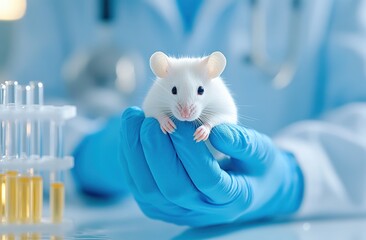 A scientist holds a lab mouse in a medical setting, showcasing research and laboratory techniques in a clean environment.