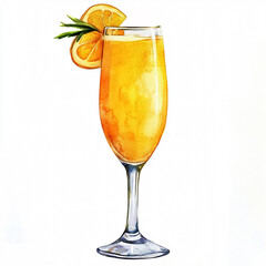 Fresh mimosa cocktail drink With sliced ​​orange and leaves. Watercolor clipart on a white background.[A-0004]