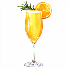 Fresh mimosa cocktail drink With sliced ​​orange and leaves. Watercolor clipart on a white background.[A-0003]