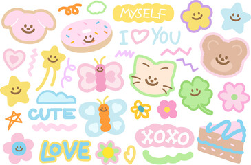 Cute vector illustration of teddy bear, cat, clover leaf, puppy, cat, butterfly, star, flower, heart, cake, donut for animals, cartoon character, cute patches, kid doll, plush toy, sweet dessert, logo