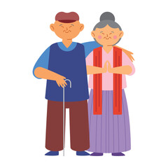cartoon chinese old couple hugging