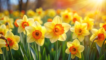 Close up of vibrant daffodil flowers in full bloom in a spring garden