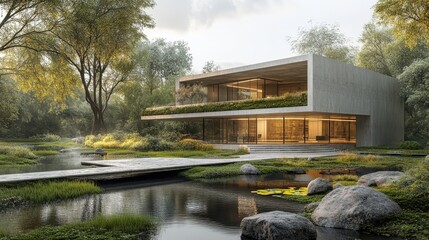 Fototapeta premium A modern building designed with sustainable materials, seamlessly blending with its natural surroundings.