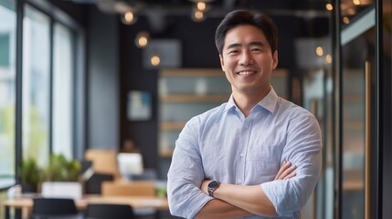 Happy confident professional Korean business man of mature standing in office. 40 years old business owner, company manager, smiling senior ceo executive, corporate leader at work.