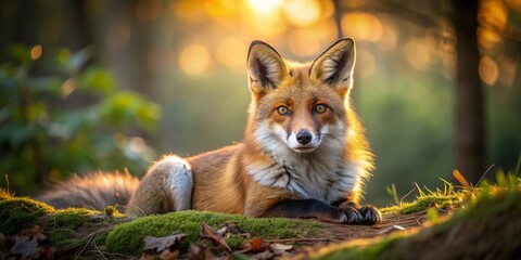 Fototapeta premium A majestic red fox basking in sunlight in a forest setting, with a captivating gaze towards the camera