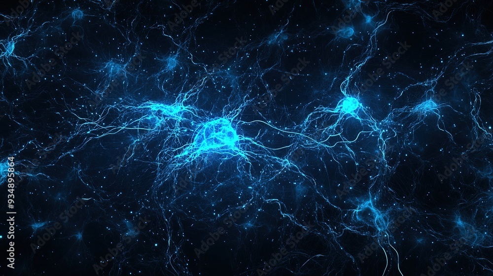 Poster synaptic spark: a mesmerizing close-up of vibrant blue neurons firing, illuminating the vast network