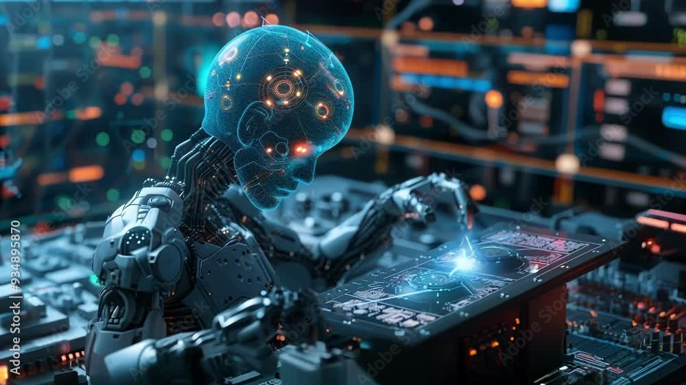 Poster futuristic robot engineer with a digital brain is working on an innovative production process in a f