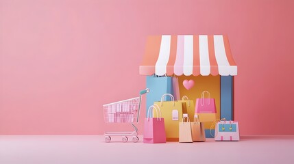 Colorful Shopping Cart and Online Retail Concept on Pink Background