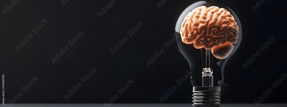 Aufkleber conceptual 3d rendering of a human brain inside an illuminated lightbulb,representing the spark of i