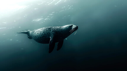 Naklejka premium A Spotted Seal Swimming Through the Deep Blue Water
