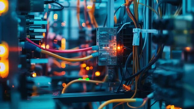 Close up of a network server with flashing lights, representing the complexity and power of modern data centers and innovative production processes