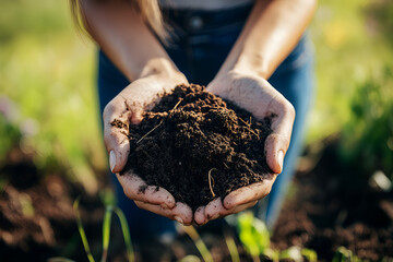 Woman Holding Soil, Demonstrating Sustainable Farming Techniques, Ideal for Agricultural Education and Environmental Awareness