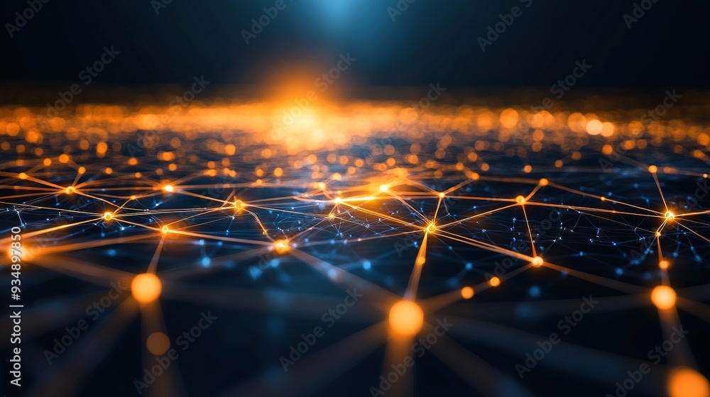 Poster golden network horizon: a futuristic landscape of interconnected nodes and glowing lines, symbolizin